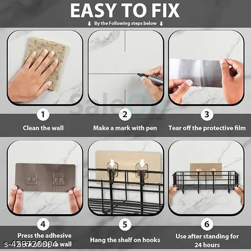 (Combo Offer) 2piC Powder Coated Self-Adhesive Shower Bathroom Shelf With Hooks, Hanging Toiletries Holder Makeup Storage Rack For Bathroom , Kitchen Spice Rack Shelf