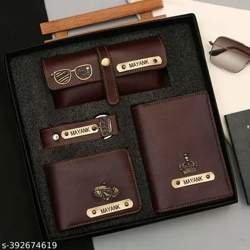 MODEFE SET OF 4 BROWN COLOR CUSTOMIZED WALLET, KEYCHAIN, PASSPORT COVER AND SPEC COVER