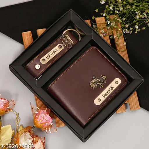 MODEFE  SET OF 2 BROWN COLOR CUSTOMIZED WALLET AND KEYCHAIN