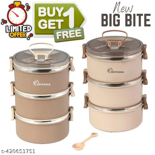 Buy1 Get1 Free Lunch Box Offer For School / Office, 3 Compartment with Airtight Lid Tiffin with Handle & Push Lock, Microwave Safe Food Grade Stainless Steel & Plastic Material (Pack of 2) (Color: New Brown + New Cream)