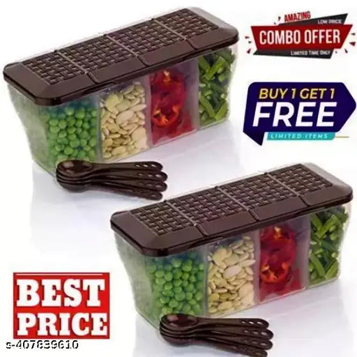 4 in 1 Multipurpose 4 Section Kitchen, Fridge Storage Airtight Container Set for Vegetables, Dryfruits, Spices, Groceries, and Pickles with 4 Spoons Storage Set (Brown, Pack of 2)