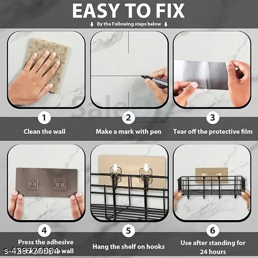 (Combo Offer) 2piC Powder Coated Self-Adhesive Shower Bathroom Shelf With Hooks, Hanging Toiletries Holder Makeup Storage Rack For Bathroom , Kitchen Spice Rack Shelf