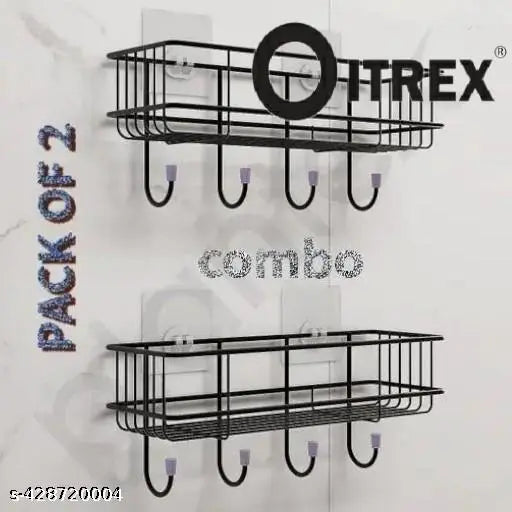 (Combo Offer) 2piC Powder Coated Self-Adhesive Shower Bathroom Shelf With Hooks, Hanging Toiletries Holder Makeup Storage Rack For Bathroom , Kitchen Spice Rack Shelf