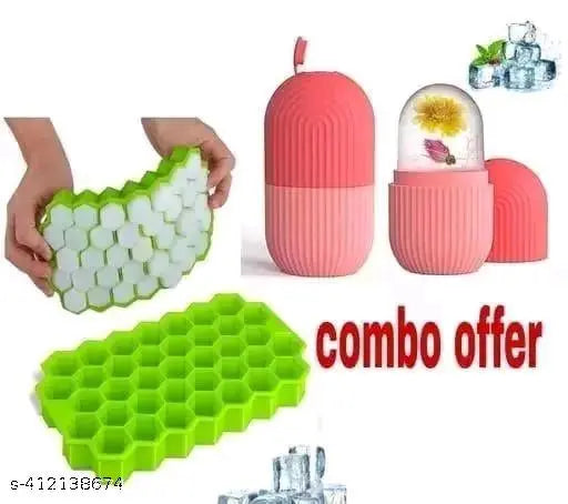 [Combo Offer...Offer..] (Pack of 2) Ice Roller & Ice Cube Trey, Facial Ice Roller For Massage Face , Ice Cube Trey Silicon Material And count of 37 Slote